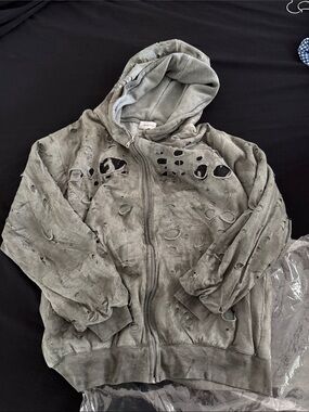 Washed Gray Distressed Holey Zip-Up Hoodie